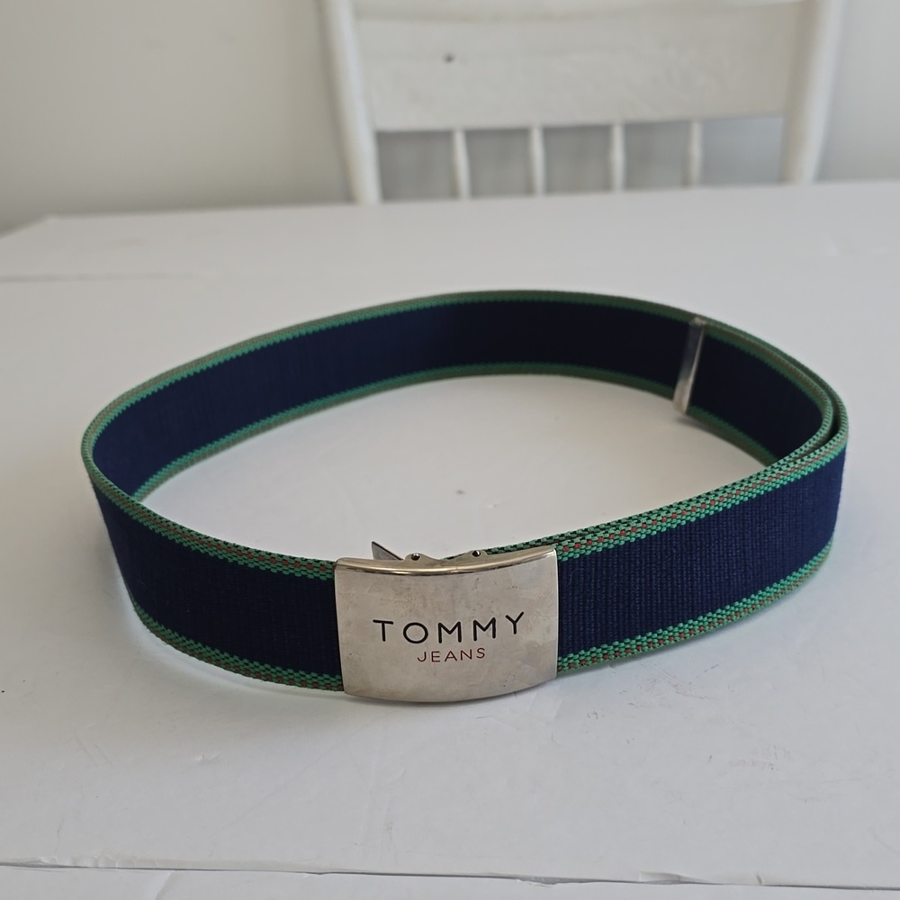 Tommy Hilfiger Tommy  Jeans Woven Fabric Belt Silver Logo Buckle Adjustable Blue